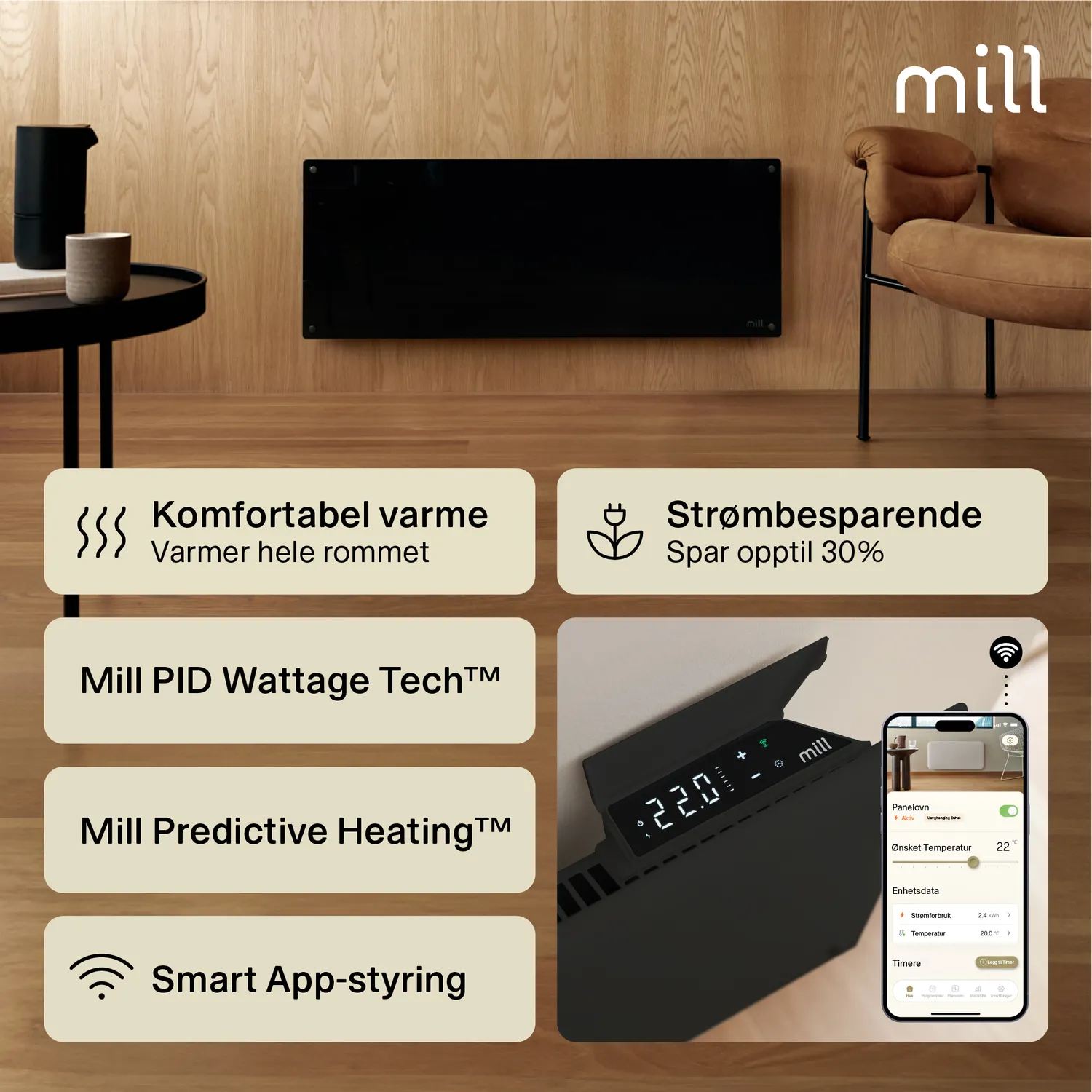Mill Glass Gen 4 radiateur panneau verre 1200W noir connecté