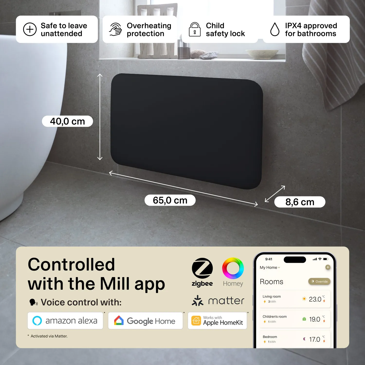 Mill Invisible Smart WiFi Gen 4 radiateur panneau 700W noir