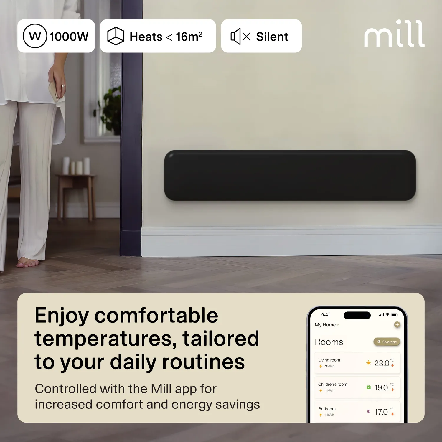 Mill Invisible Gen 4 1000W radiateur panneau noir bas