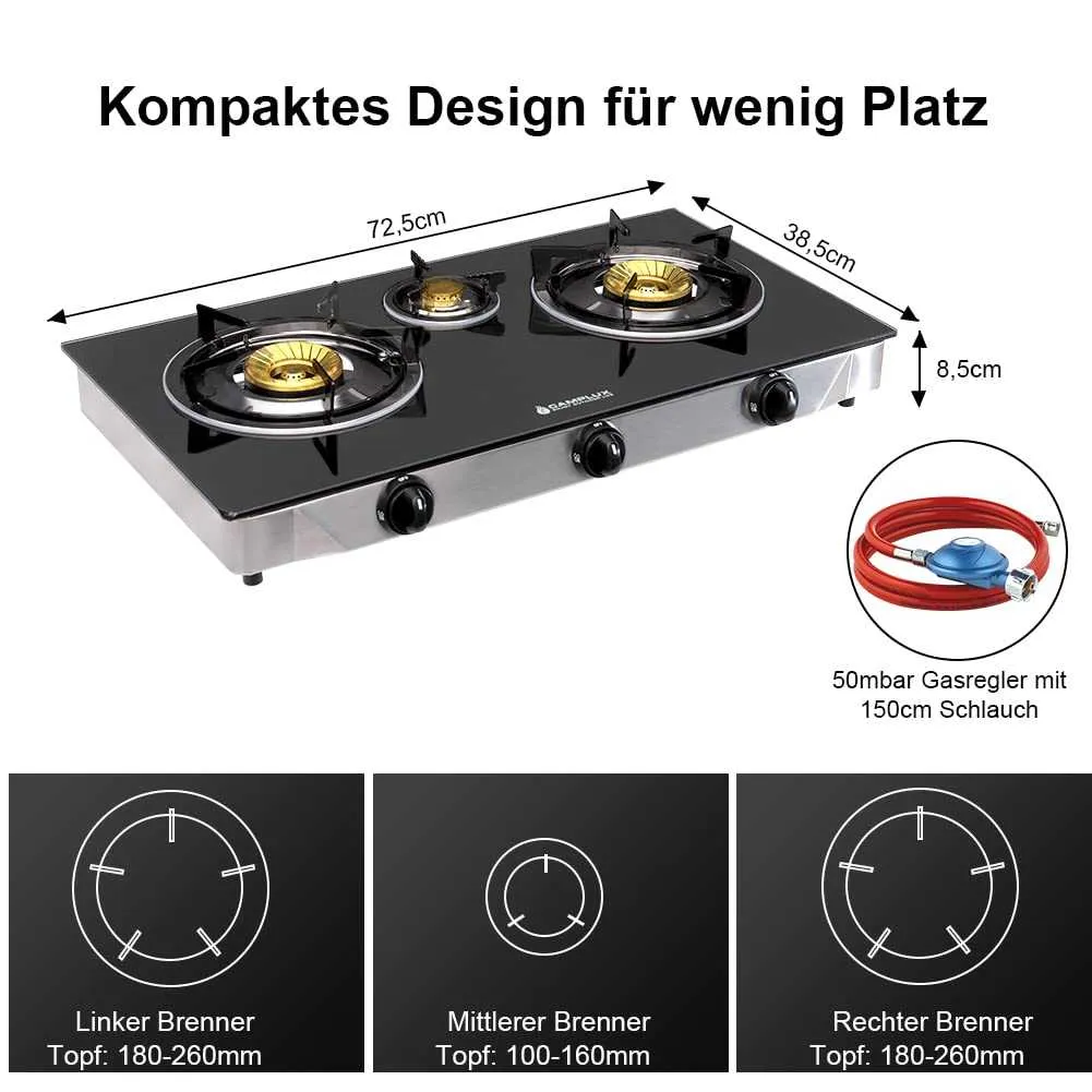 Camplux TC03GB réchaud gaz 3 feux verre 6,25 kW