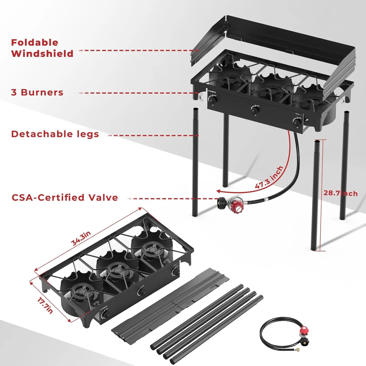 Camplux 225000 BTU réchaud camping gaz 3 brûleurs fonte