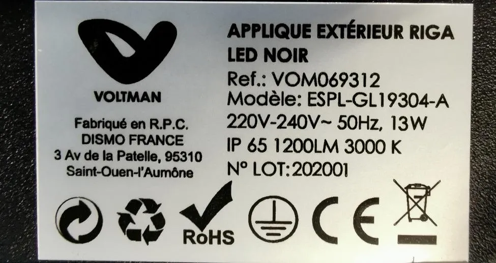 Voltman applique extérieure LED IP65 noire 1200 lm 3000K