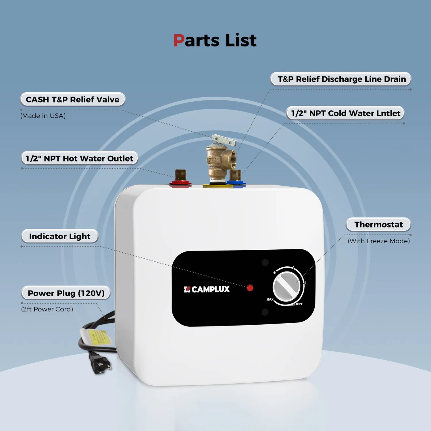 Camplux mini chauffe-eau électrique 5L 120V 3 températures