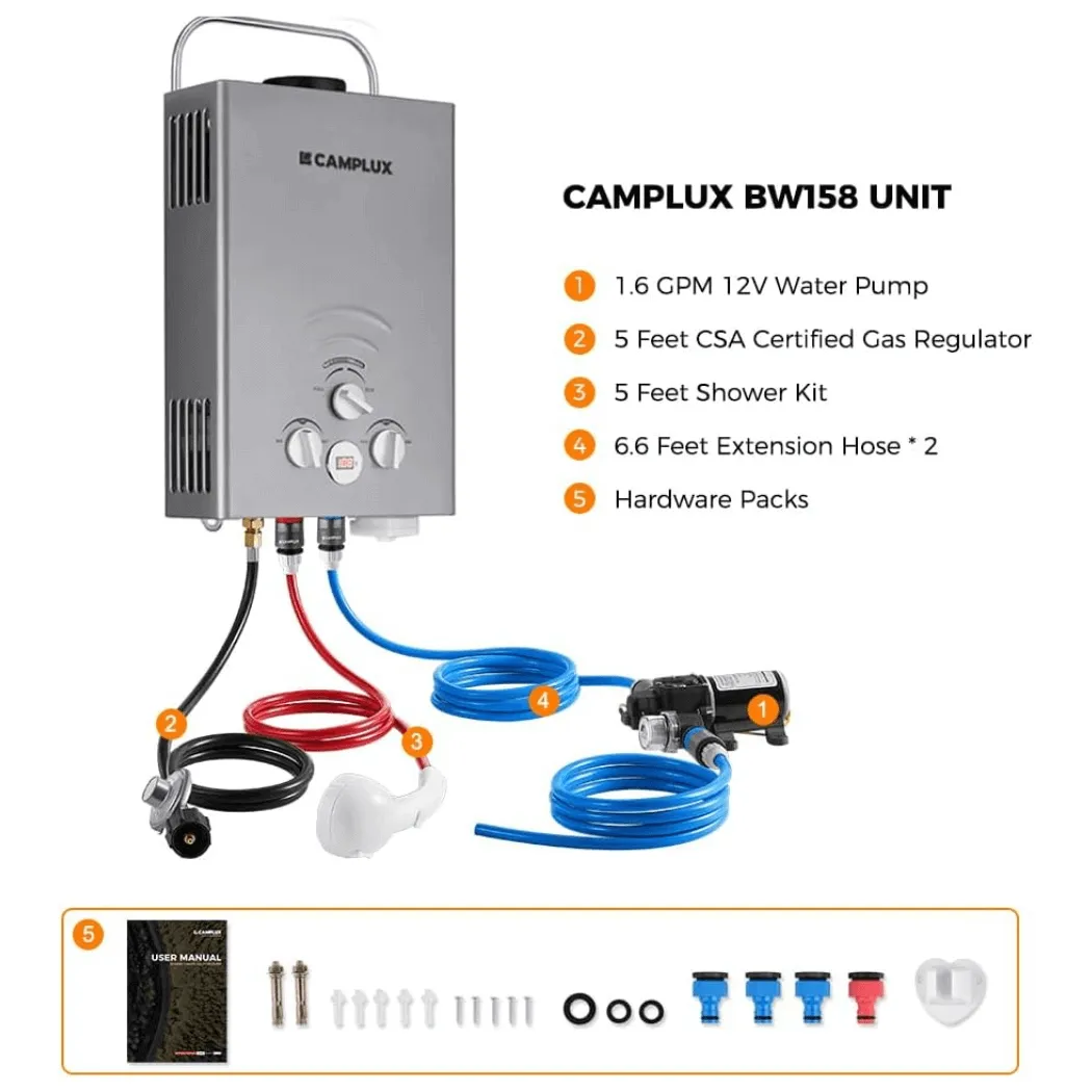 Camplux BW158 chauffe-eau gaz portable 6 L kit pompe argent