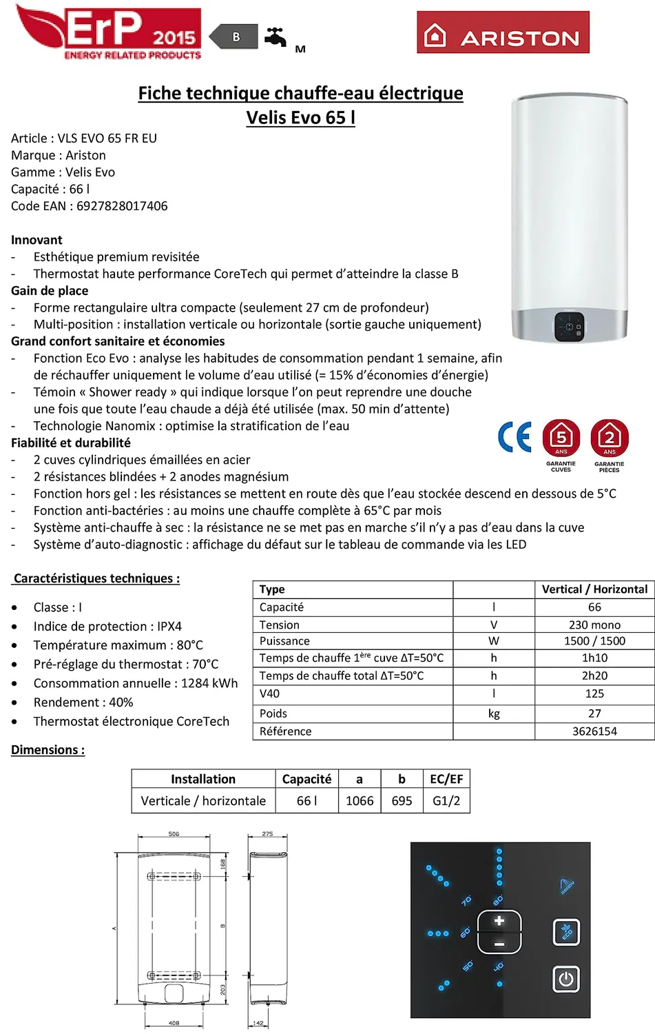 Ariston Velis Evo 80 L chauffe-eau plat multi-positions B