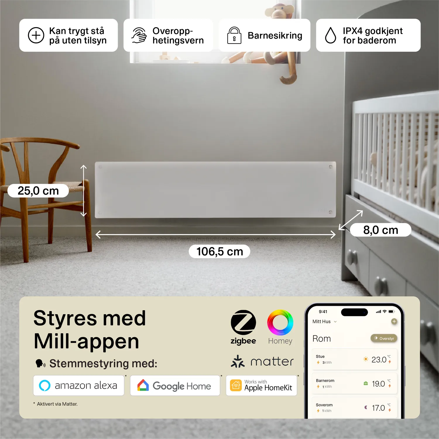 Mill Glass Smart WiFi 800W Gen 4 radiateur verre bas