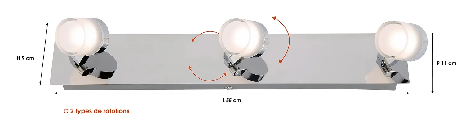 Voltman réglette salle de bain 3 spots chrome LED