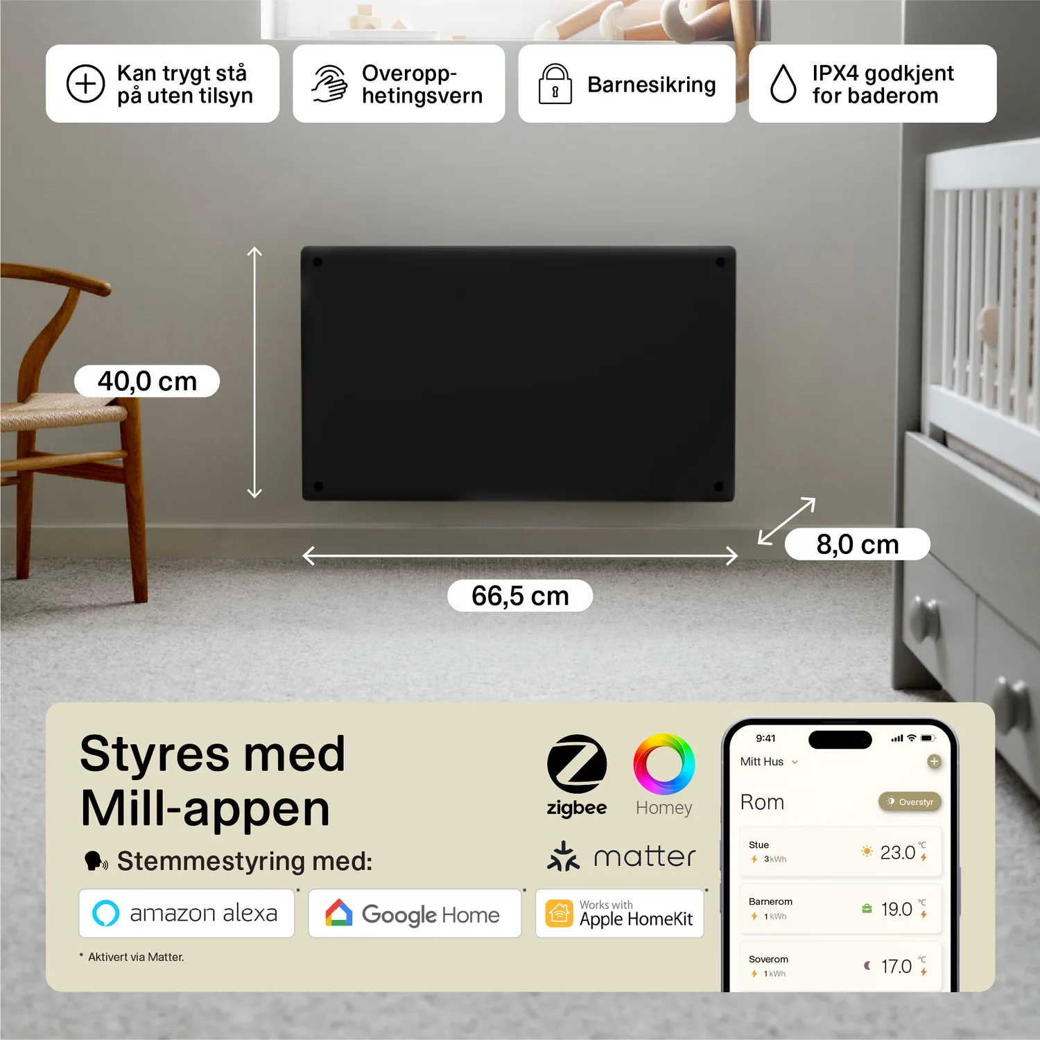 Mill Glass Gen.4 radiateur panneau verre noir WiFi 600W compact