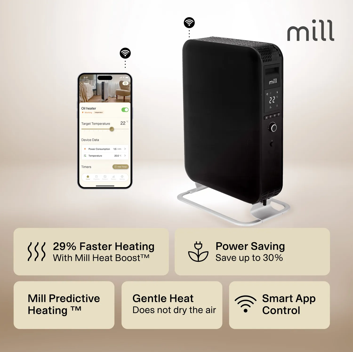 Mill Gentle Air radiateur bain d’huile 2000W noir WiFi