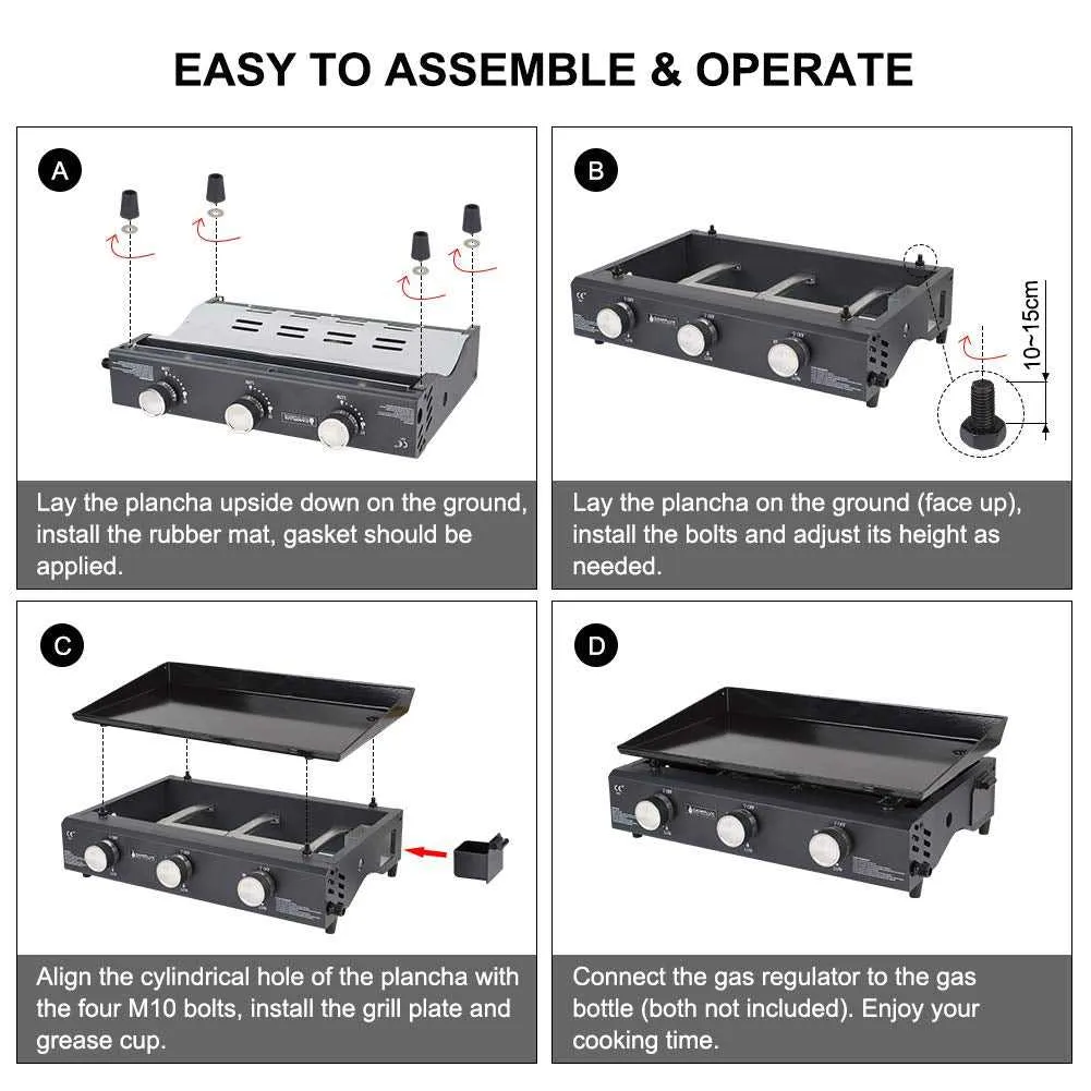 Camplux GP103B grill gaz plancha 3 feux noir 2220 cm²
