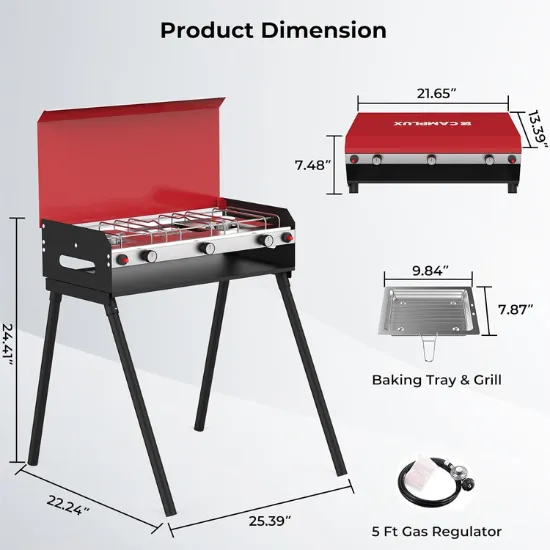 Camplux réchaud camping propane 2 brûleurs + grill 15000 BTU