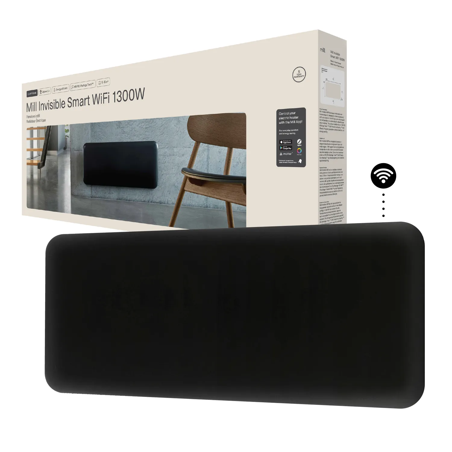 Mill Invisible Radiateur Panneau 1300W Noir Gen 4 WiFi