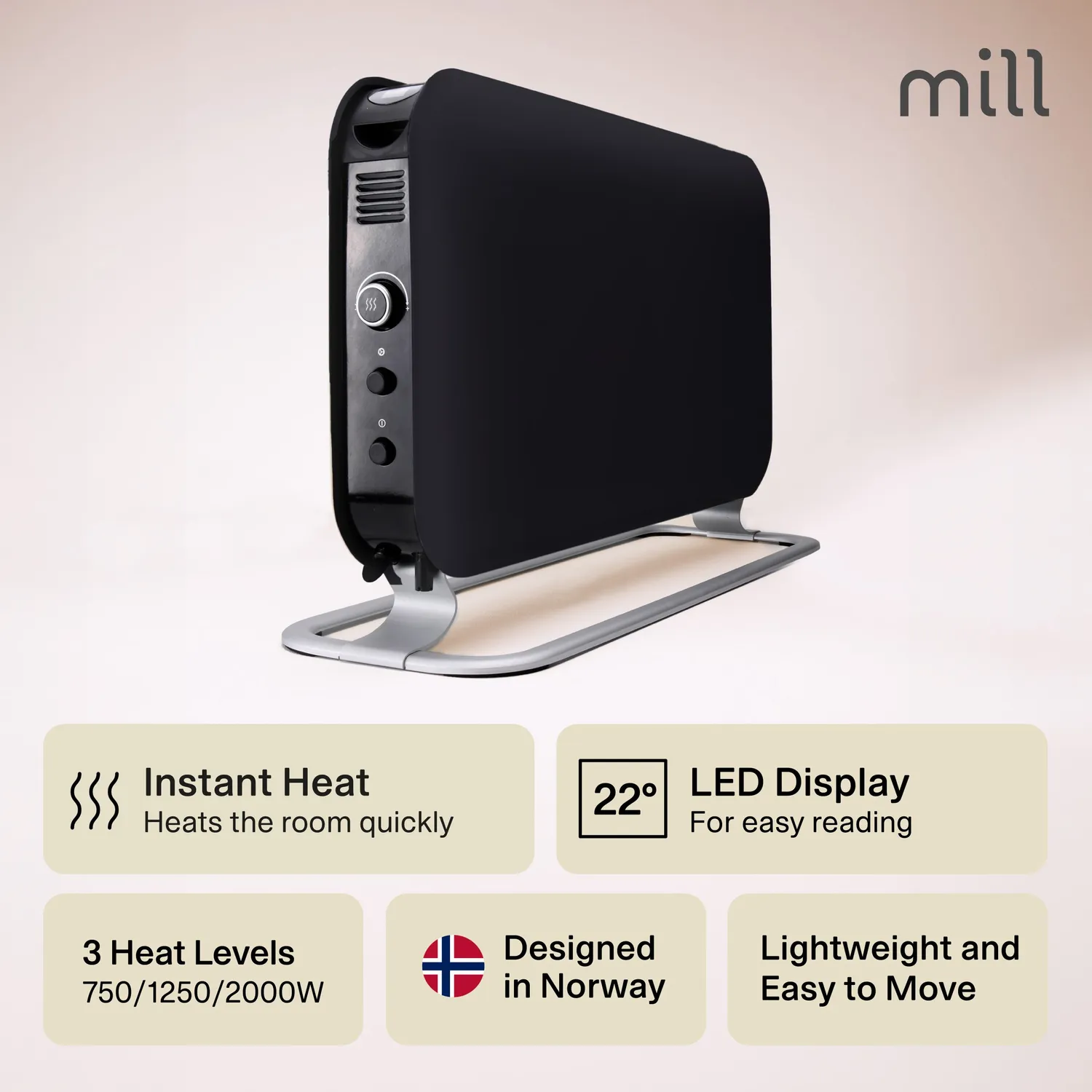 Mill Instant LED chauffage portable noir 2000W rapide