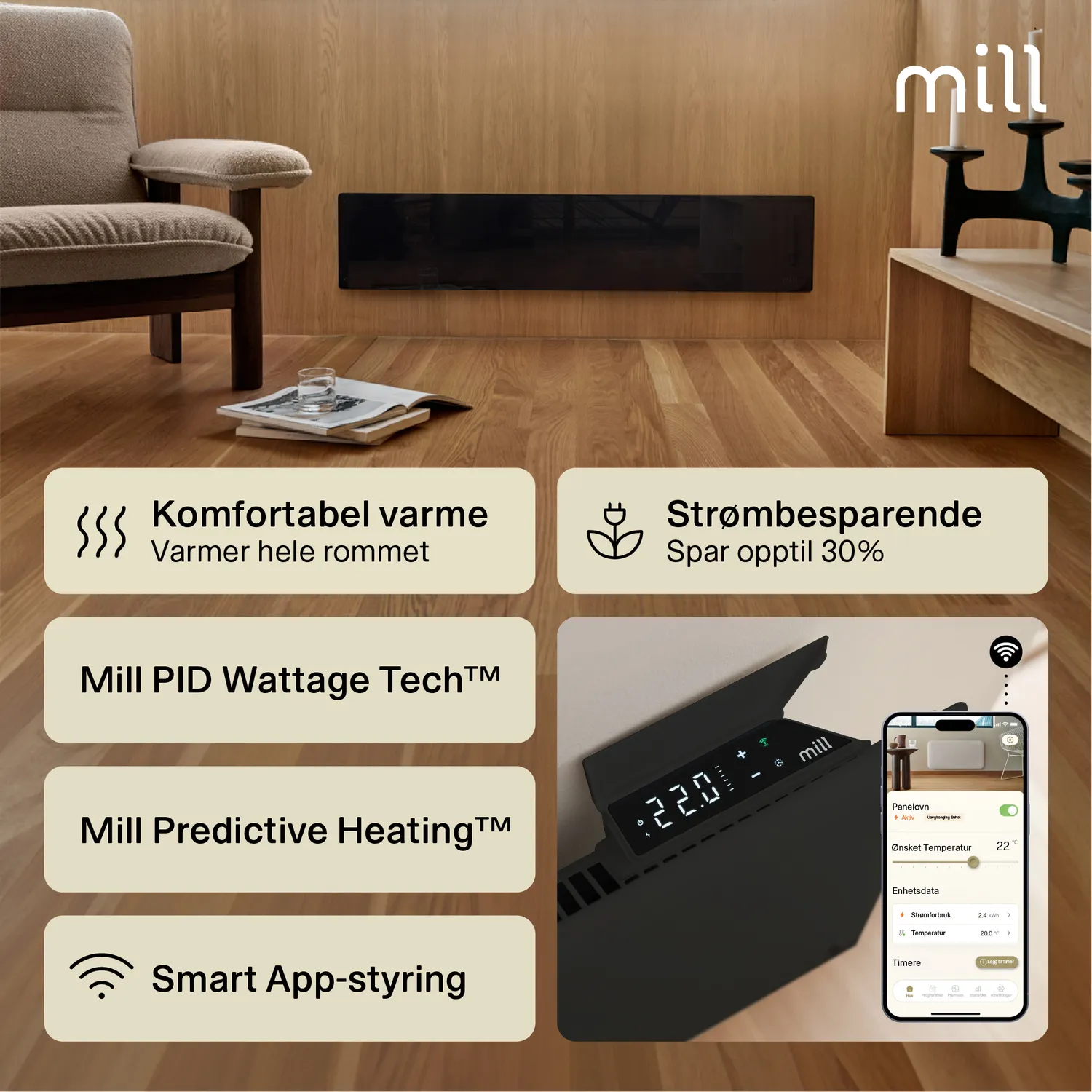 Mill Glass Smart WiFi Gen 4 radiateur panneau bas noir 1000W