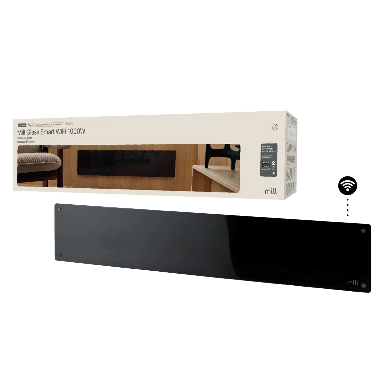 Mill Glass Smart WiFi Gen 4 radiateur panneau bas noir 1000W