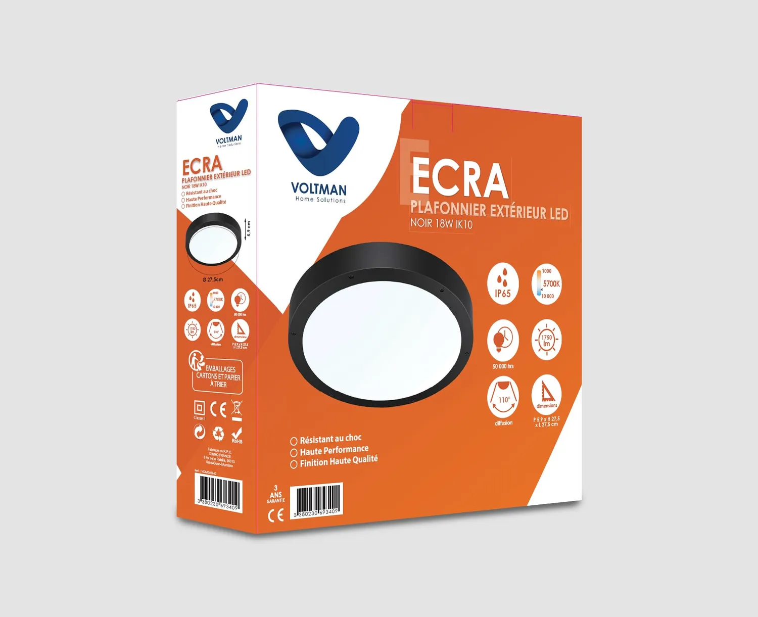 Voltman plafonnier rond noir IP65 18W 1800lm 5700K