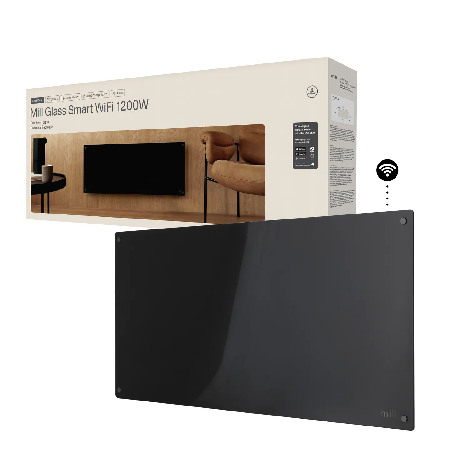 Mill Glass Gen 4 radiateur panneau verre 1200W noir connecté