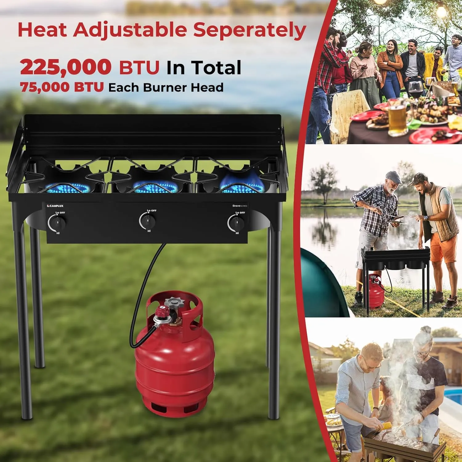 Camplux 225000 BTU réchaud camping gaz 3 brûleurs fonte