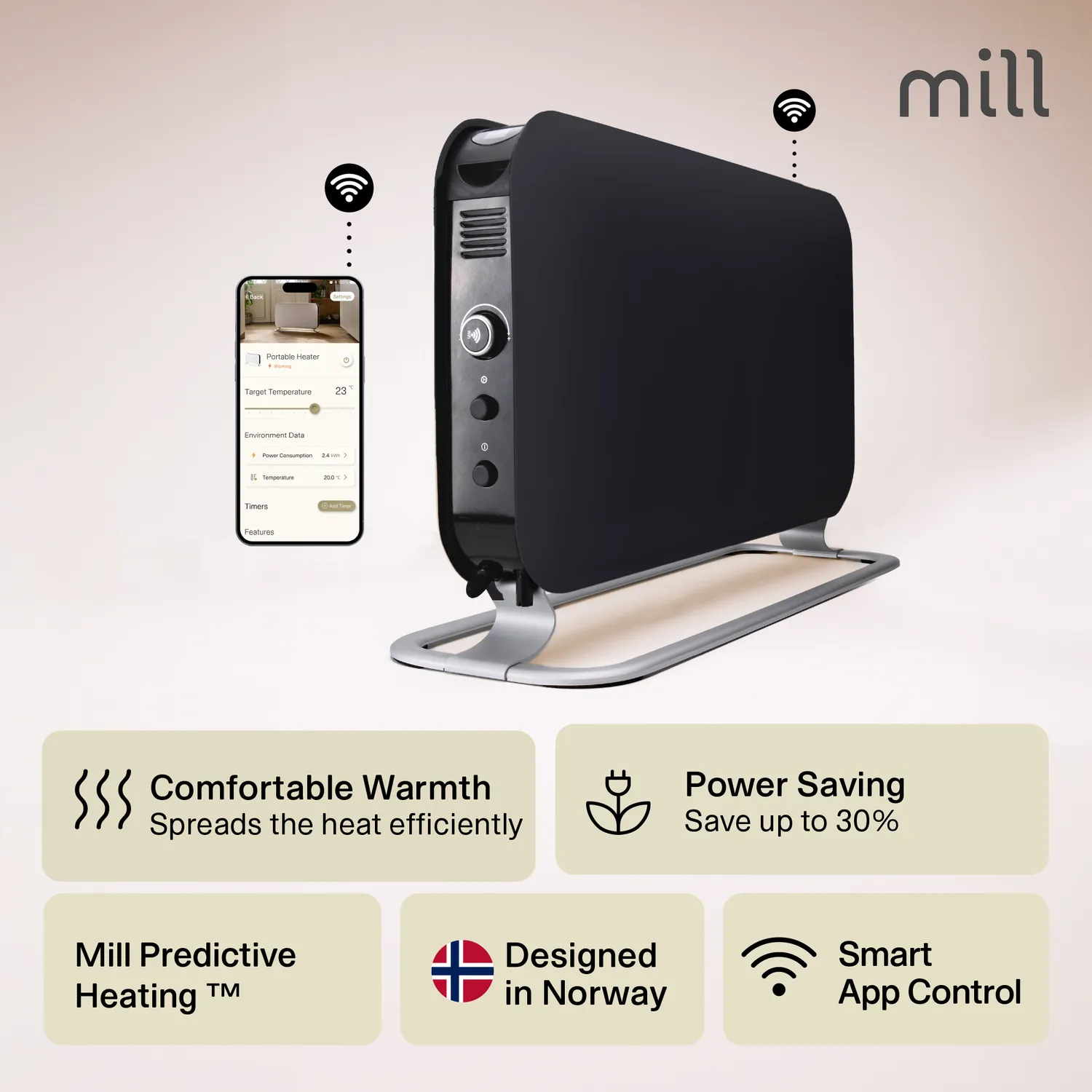Mill WiFi chauffage d'appoint portable noir 1200W connecté