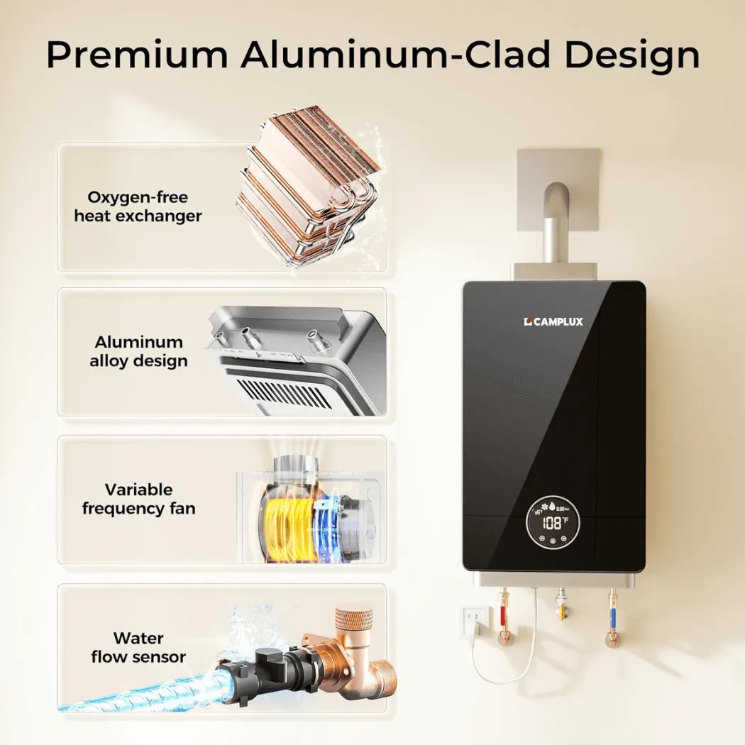 Camplux 3,18 GPM chauffe-eau gaz sans réservoir noir propane