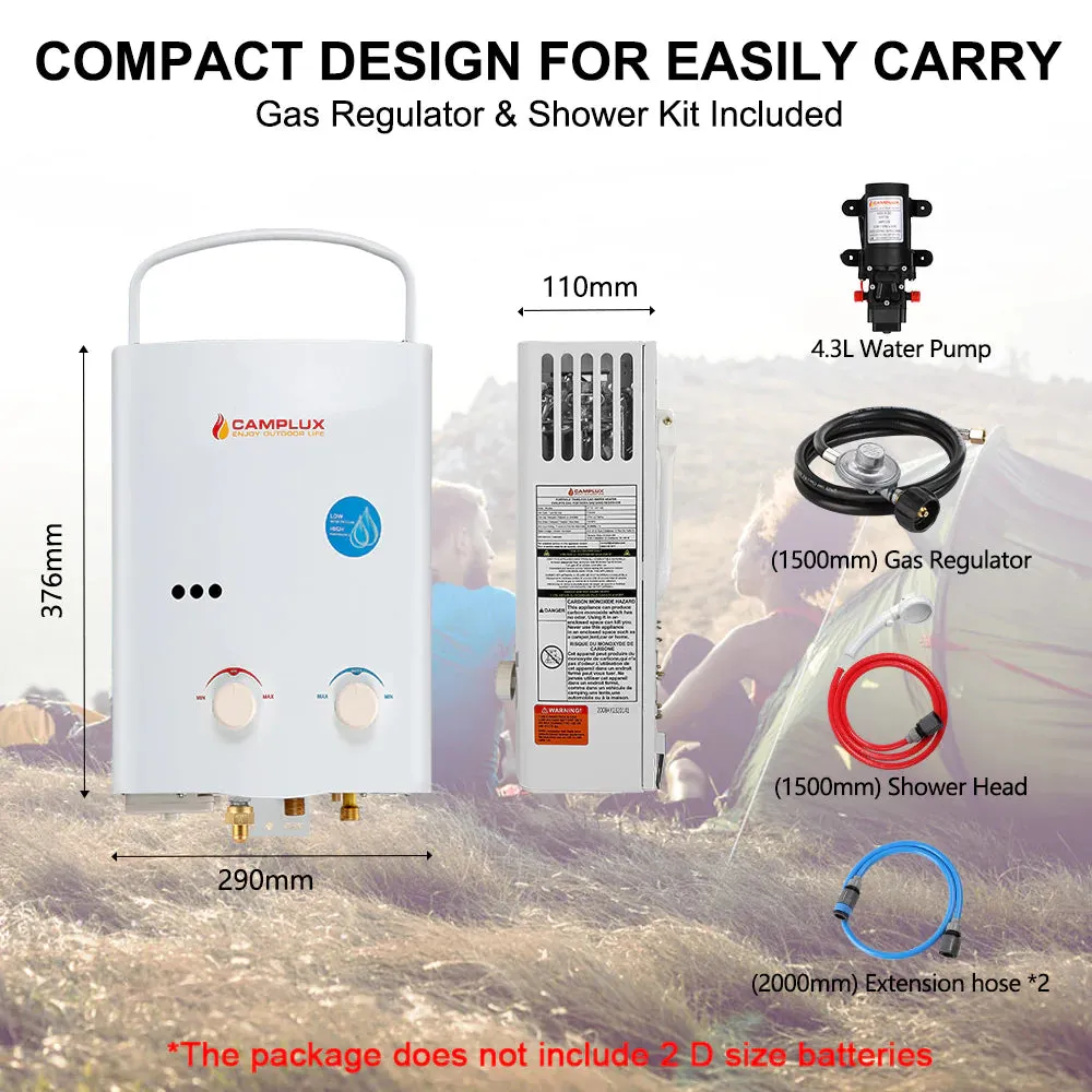 Camplux 5L chauffe-eau gaz portable extérieur + pompe