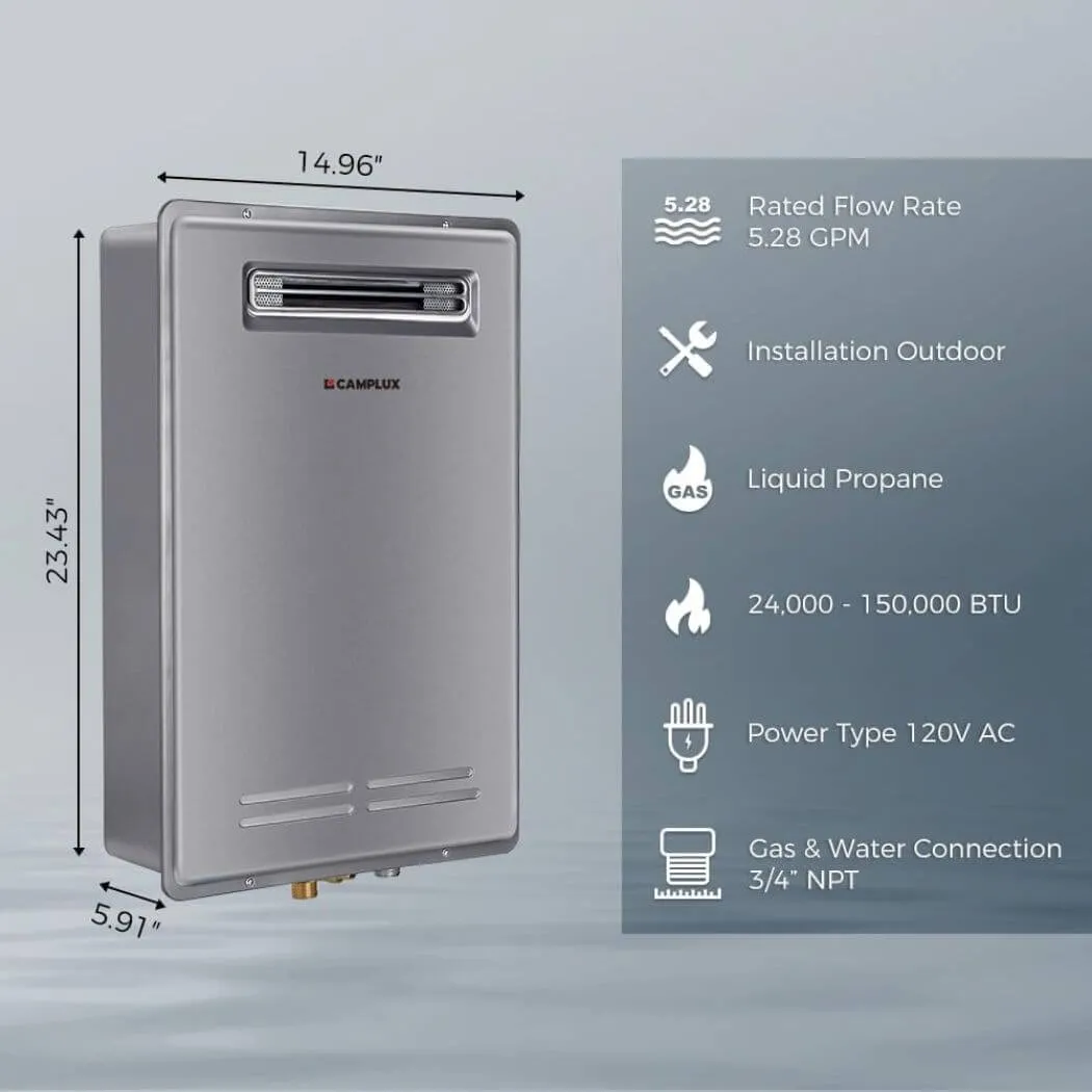 Camplux Chauffe-eau instantané 5,28 GPM propane gris extérieur