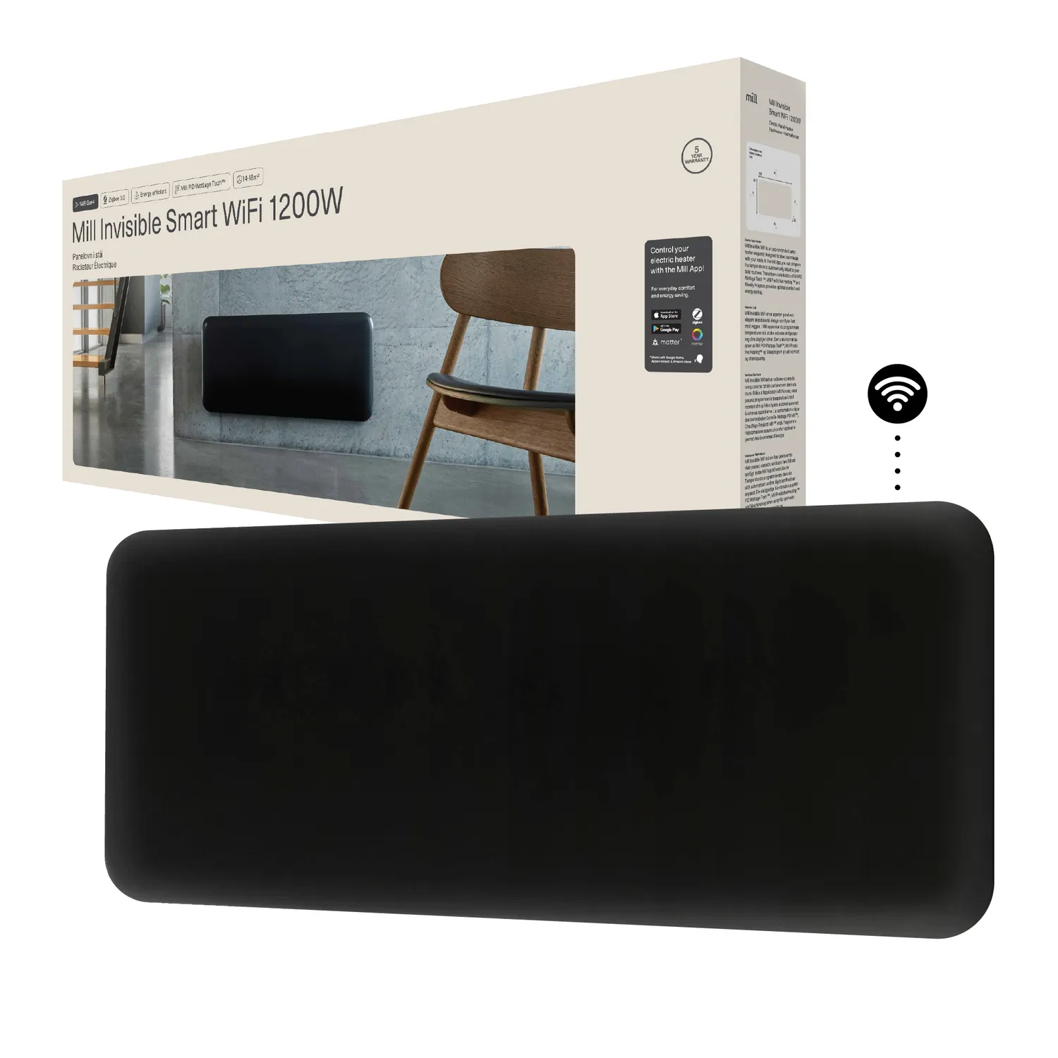 Mill Invisible Radiateur Panneau 1200W Noir Gen 4 WiFi