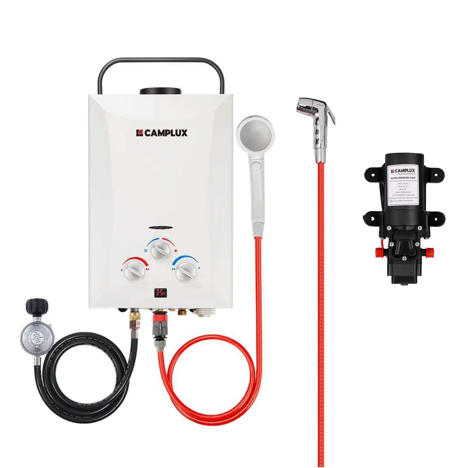 Camplux 8L chauffe-eau gaz portable avec pompe 4,3L poignée