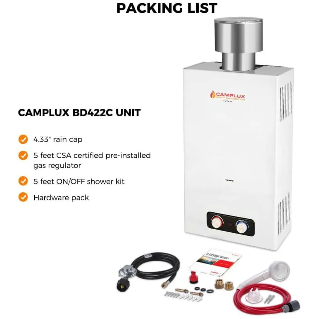 Camplux BD422C Chauffe-Eau Gaz Propane 16L + Pare-Pluie Inox