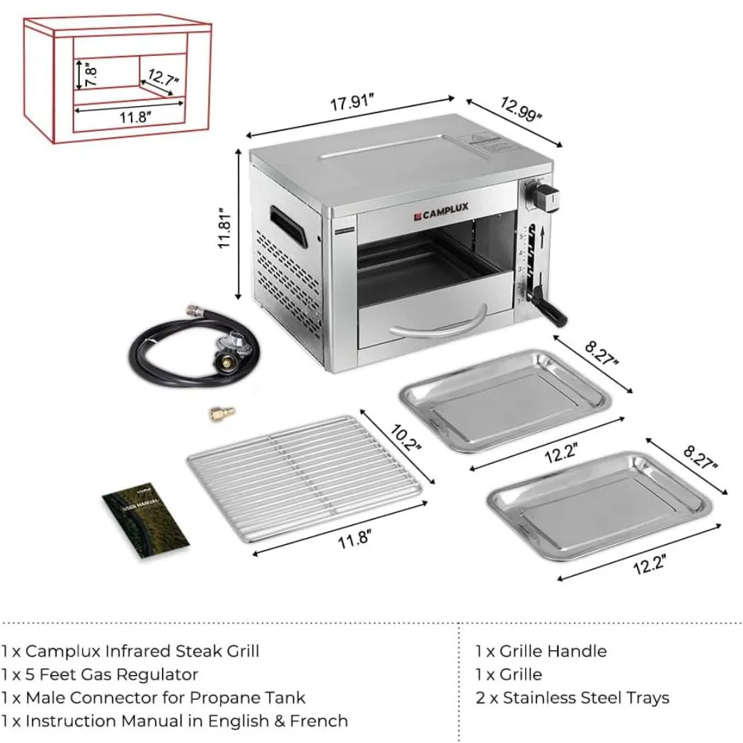 Camplux SG102 grill steak gaz 880°C 3,2kW 5 hauteurs