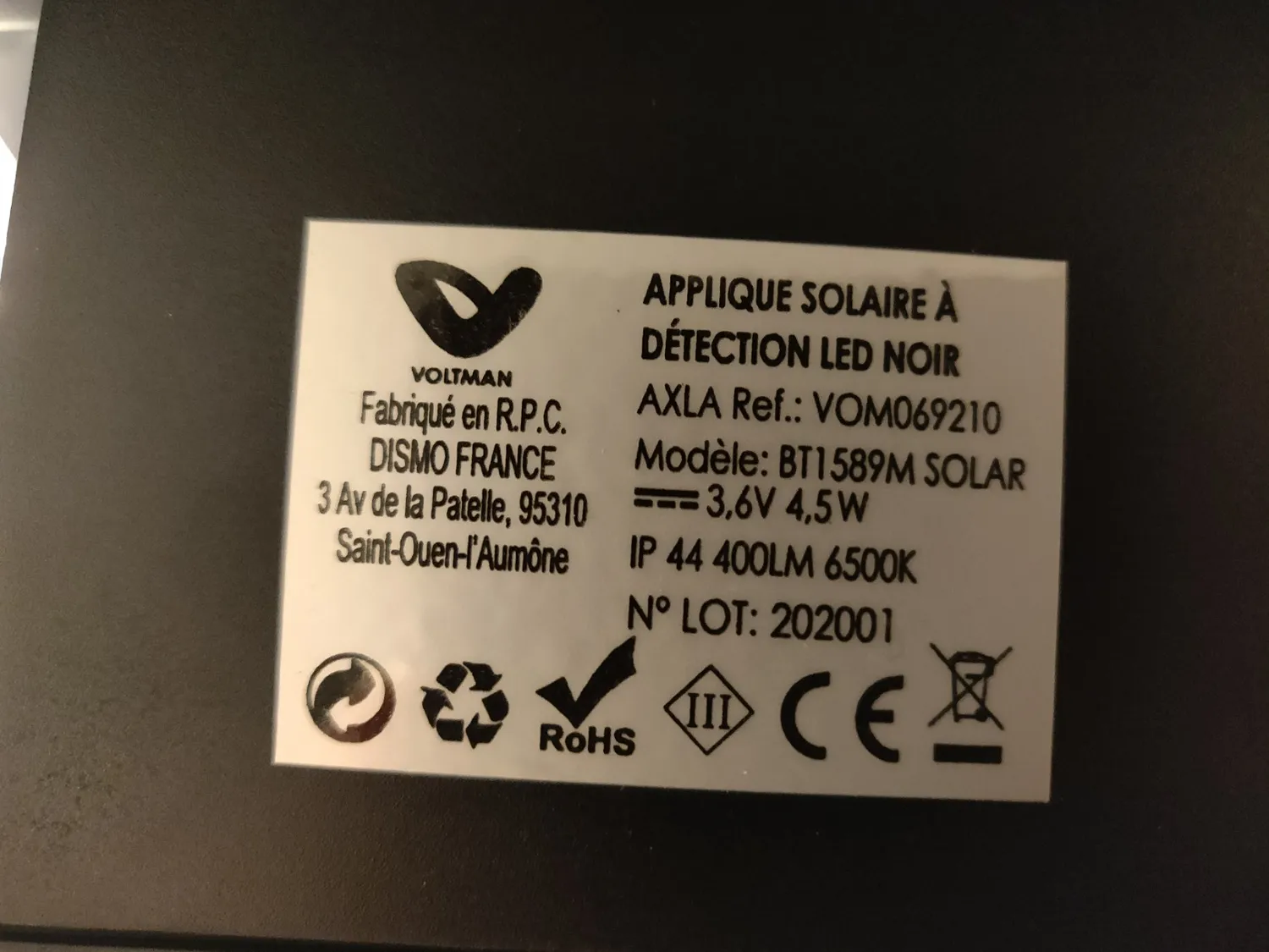 Voltman applique solaire 400lm détecteur A++