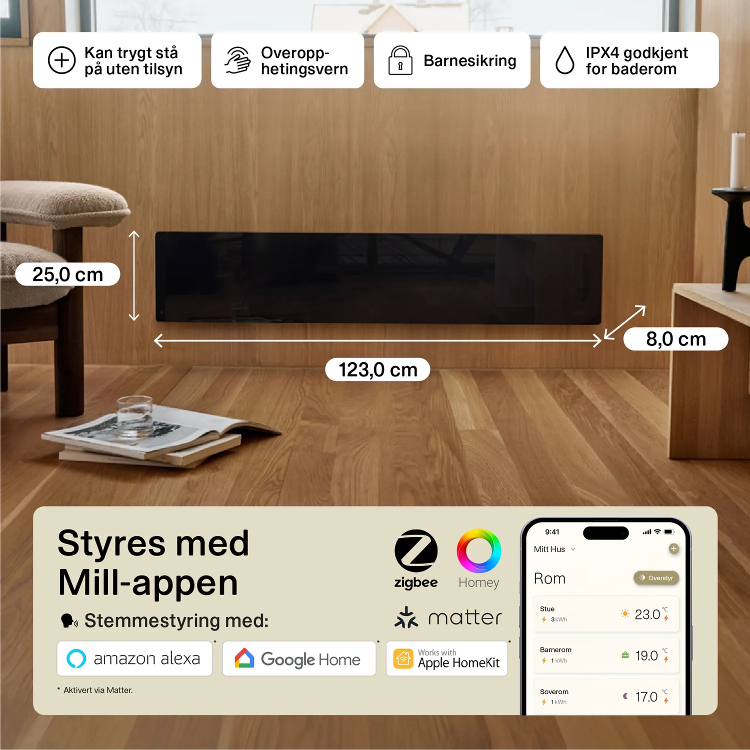Mill Glass Smart WiFi Gen 4 radiateur panneau bas noir 1000W