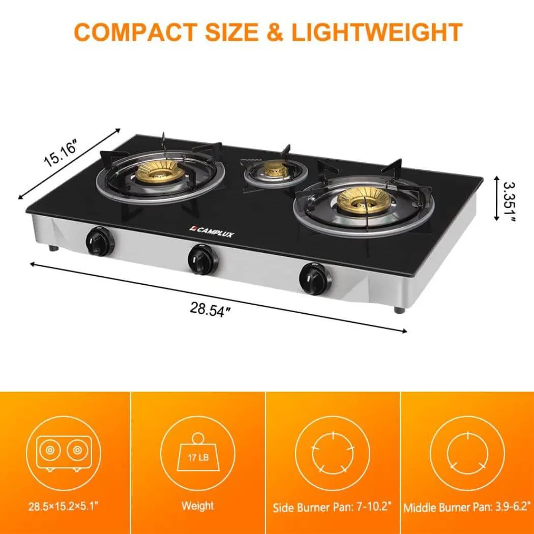 Camplux 21600 BTU réchaud gaz 3 brûleurs verre trempé