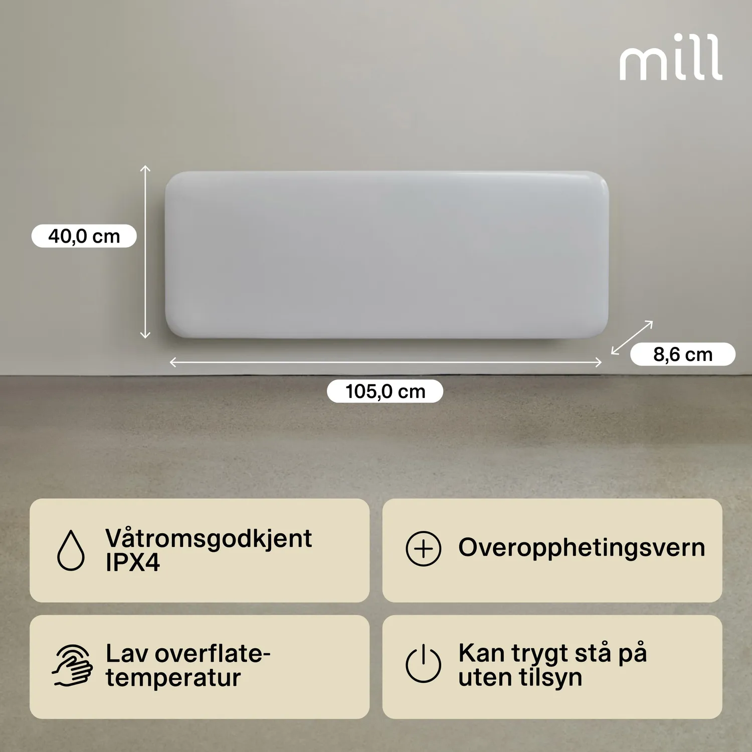 Mill Invisible radiateur panneau acier 1300W mural