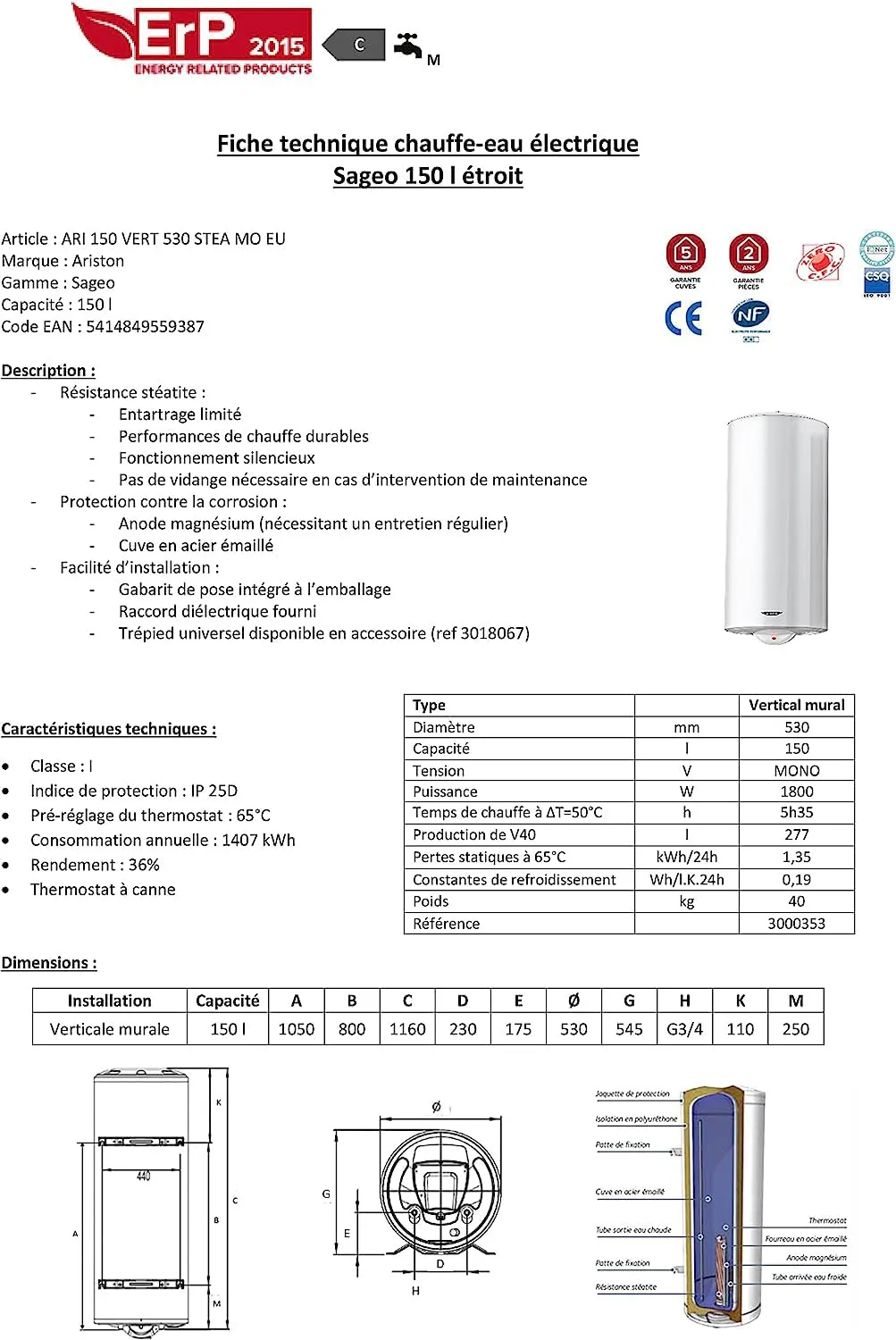 Ariston Sagéo chauffe-eau électrique 150 L stéatite silencieux