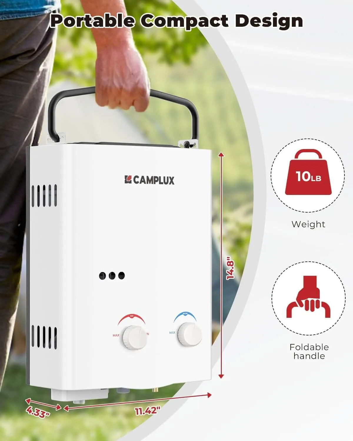 Camplux AY132 chauffe-eau portable propane 5 L blanc
