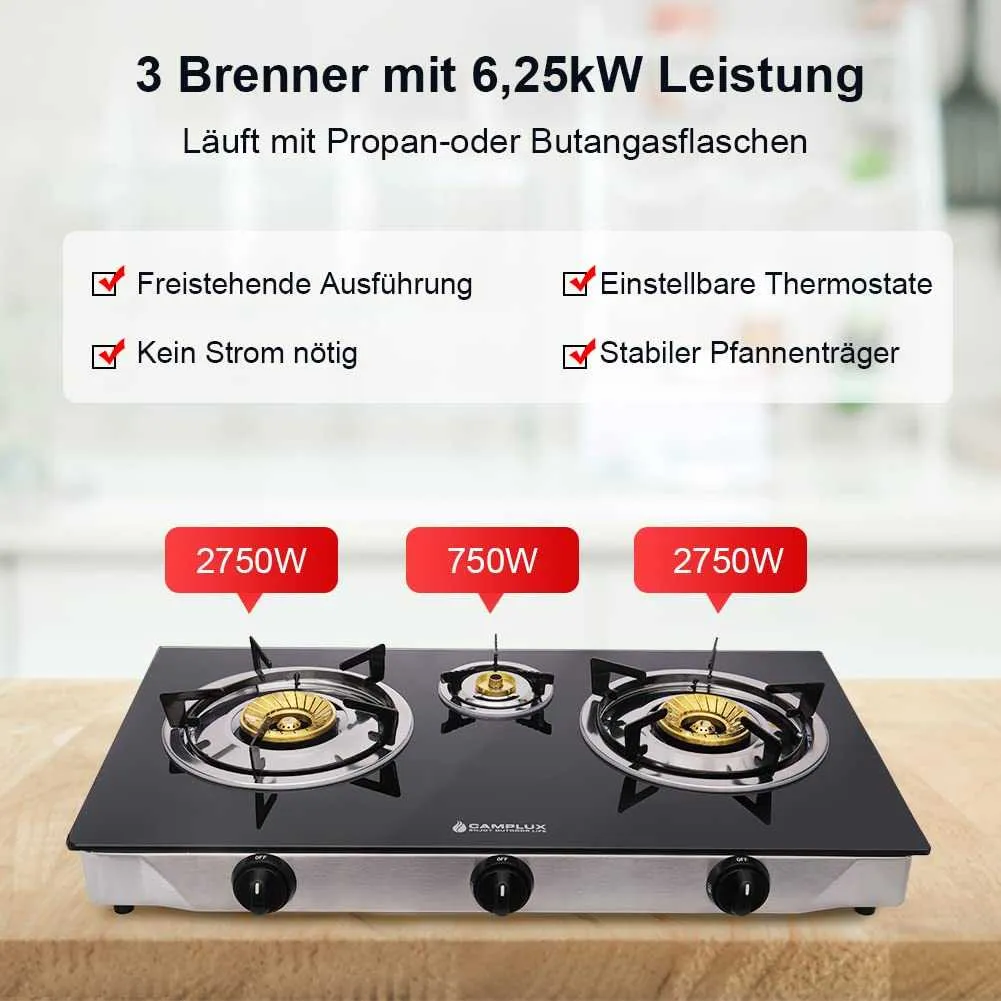Camplux TC03GB réchaud gaz 3 feux verre 6,25 kW