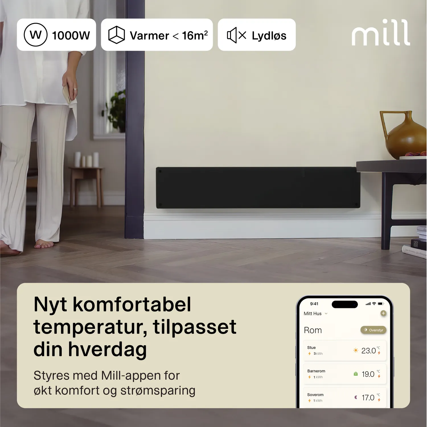 Mill Glass Smart WiFi Gen 4 radiateur panneau bas noir 1000W