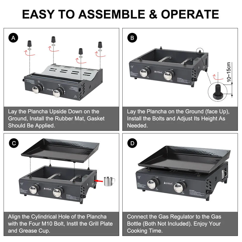 Camplux GP102B plancha grill gaz 2 brûleurs noir