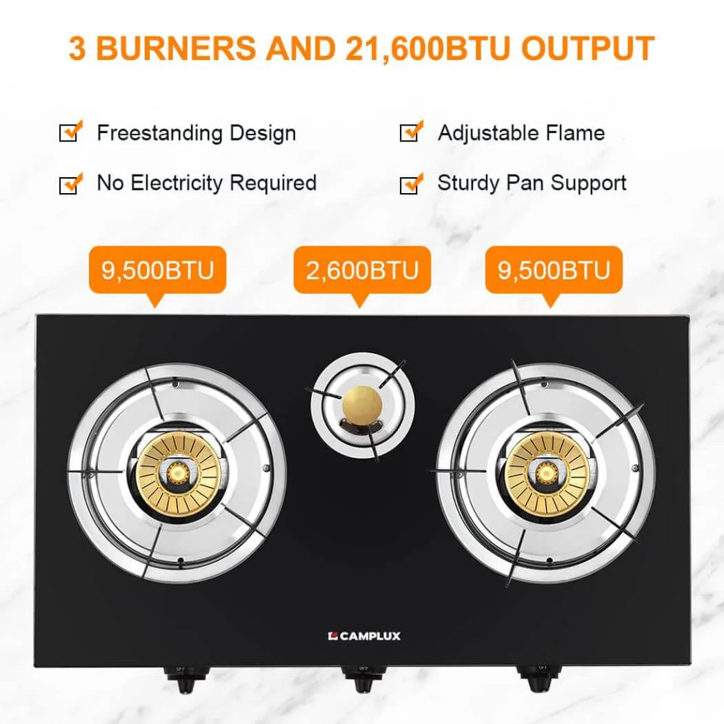 Camplux 21600 BTU réchaud gaz 3 brûleurs verre trempé