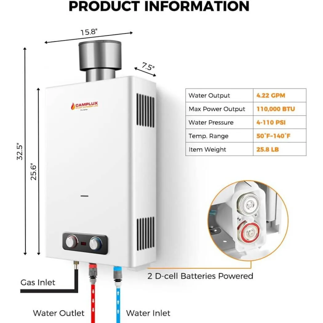 Camplux BD422C Chauffe-Eau Gaz Propane 16L + Pare-Pluie Inox
