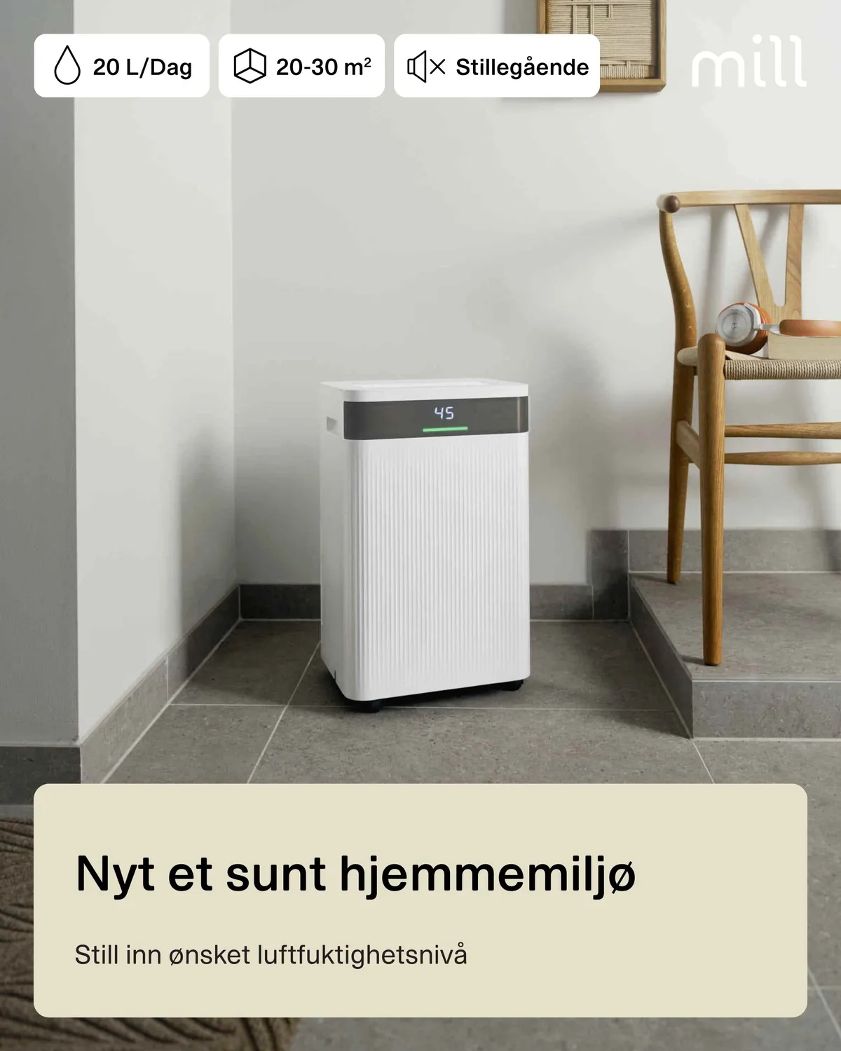 Mill déshumidificateur 20L jour silencieux buanderie