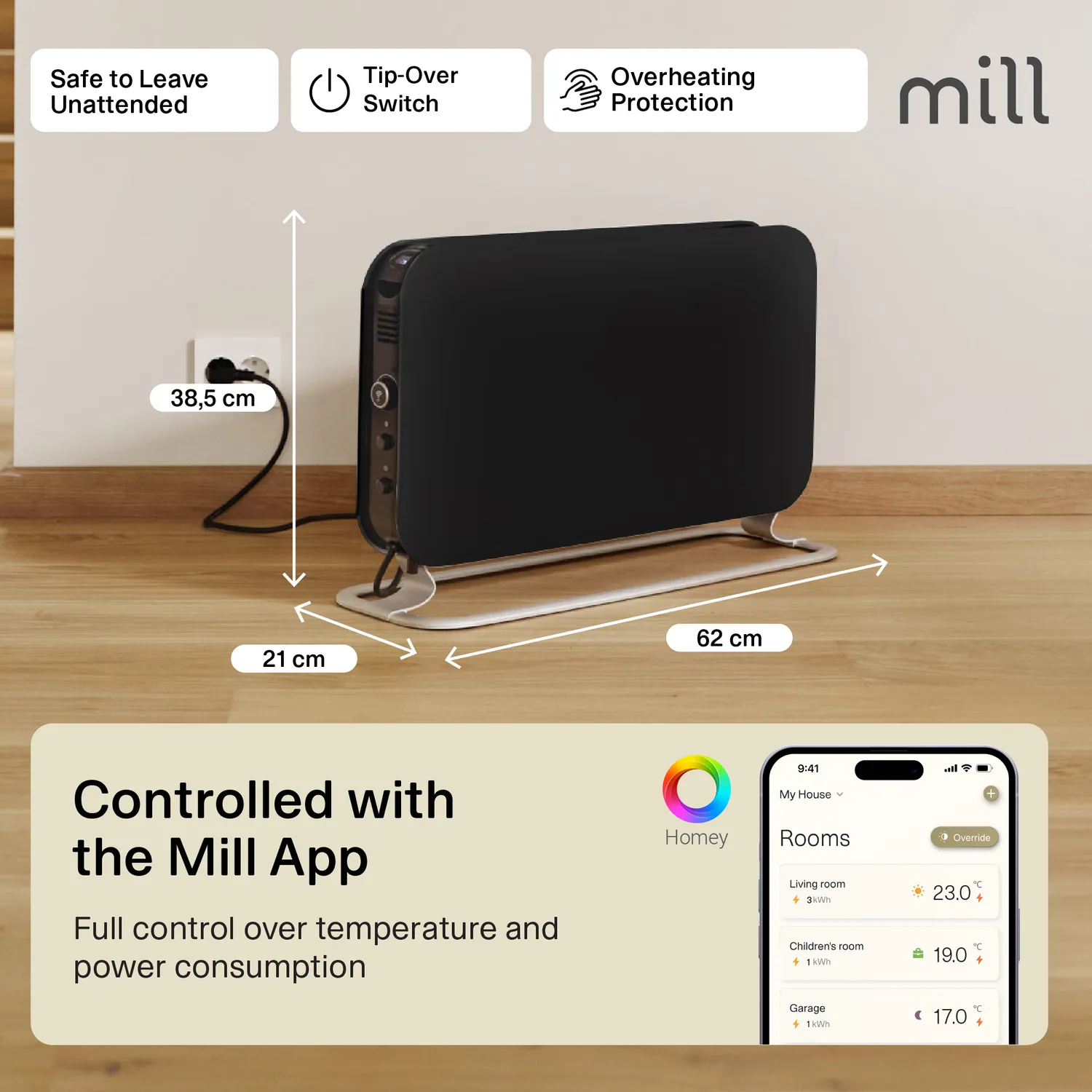 Mill WiFi chauffage d'appoint portable noir 1200W connecté