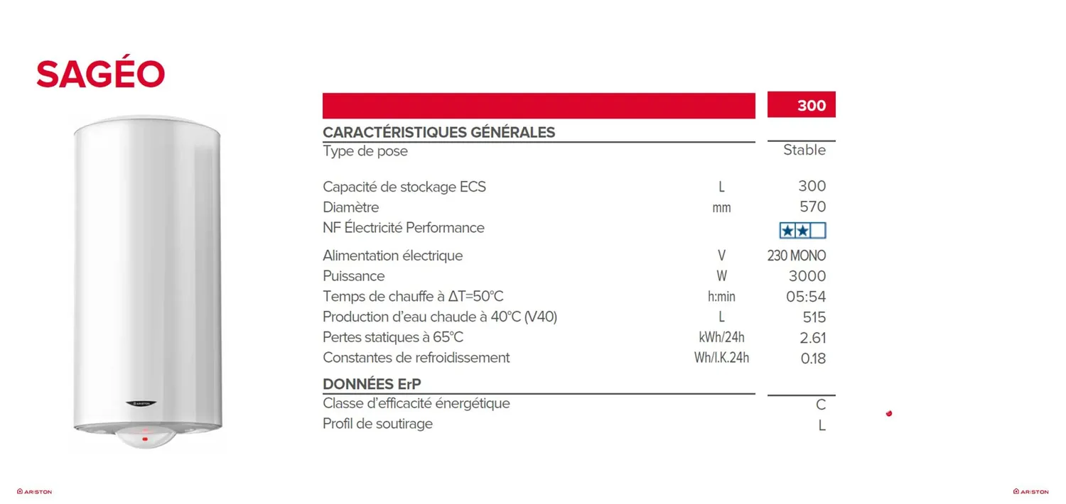 Ariston Sagéo 300L chauffe-eau sol stéatite eau calcaire