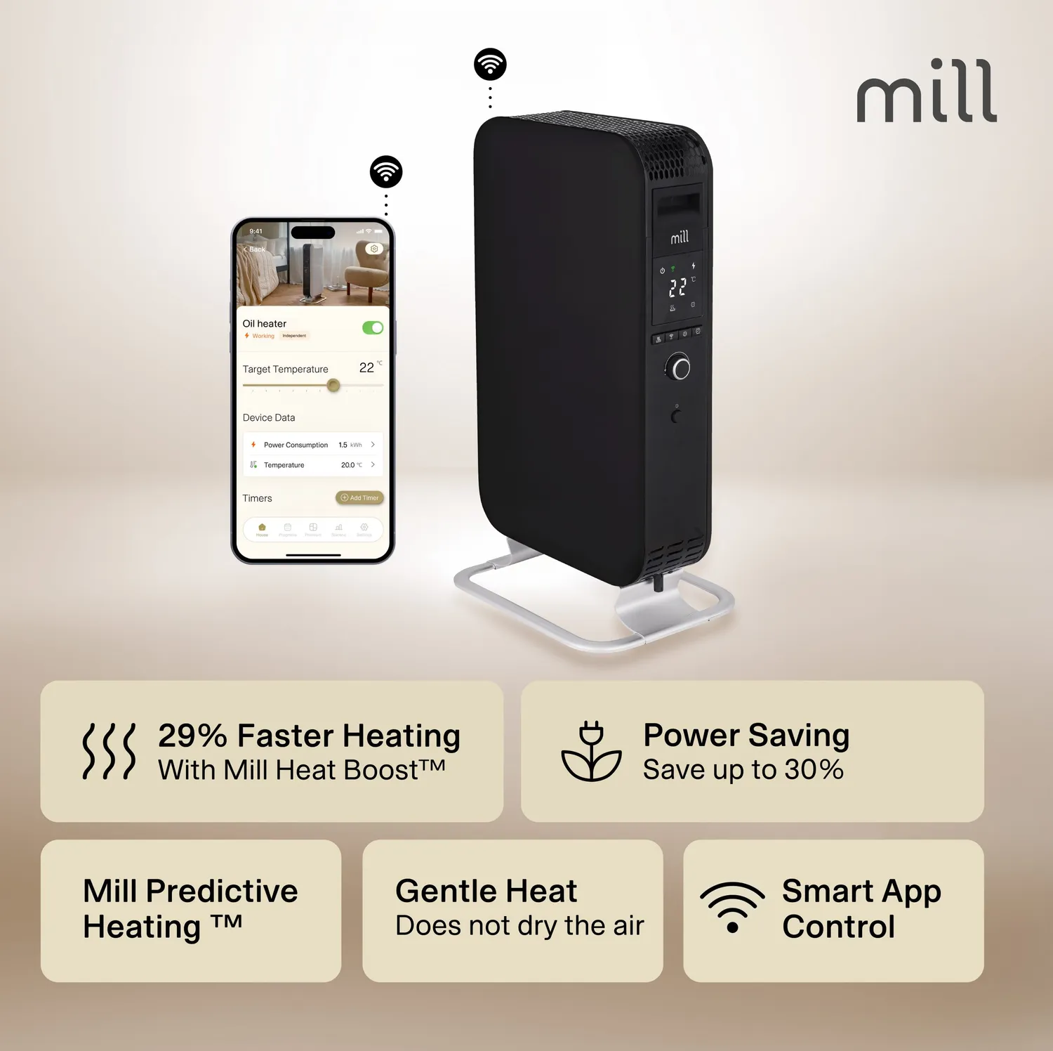 Mill Gentle Air radiateur bain d'huile noir WiFi 1500W