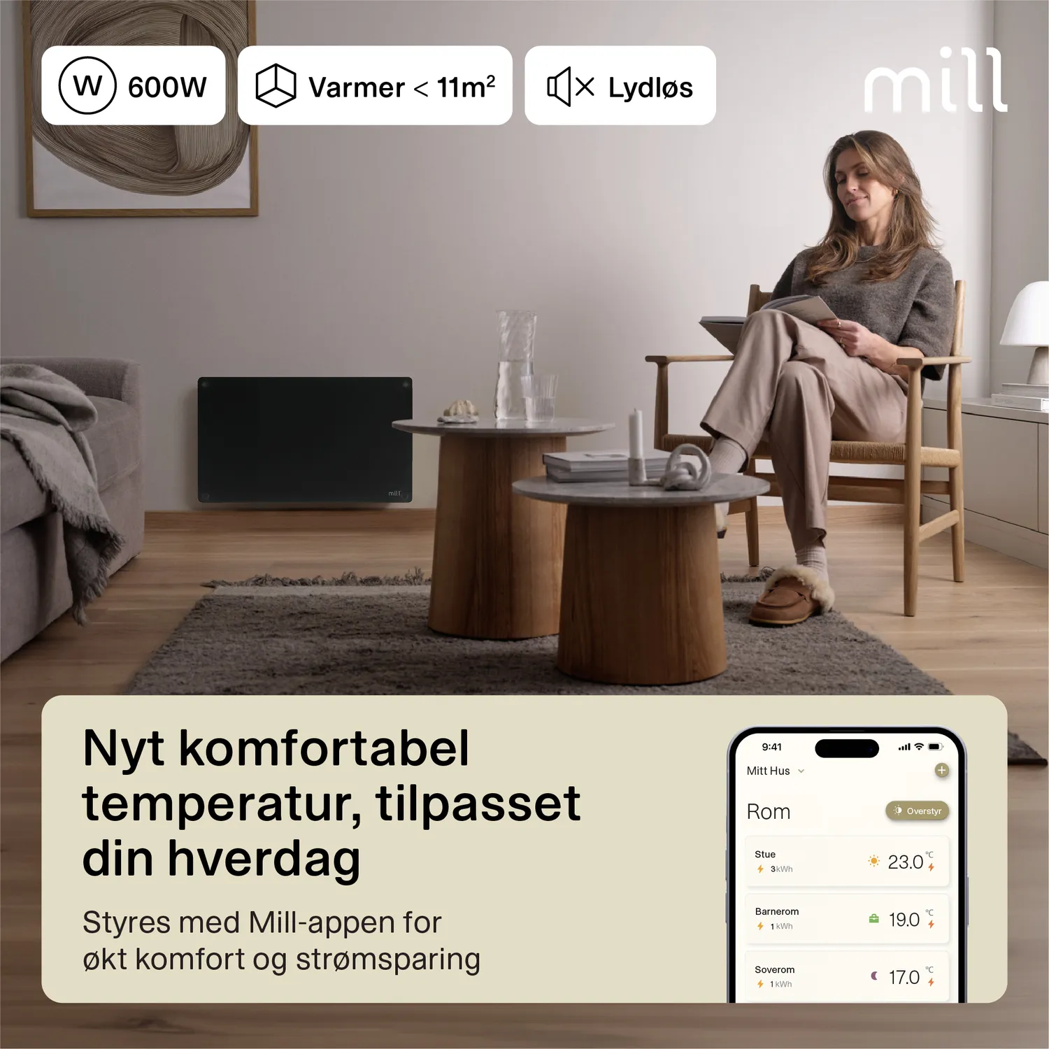 Mill Glass Gen.4 radiateur panneau verre noir WiFi 600W compact