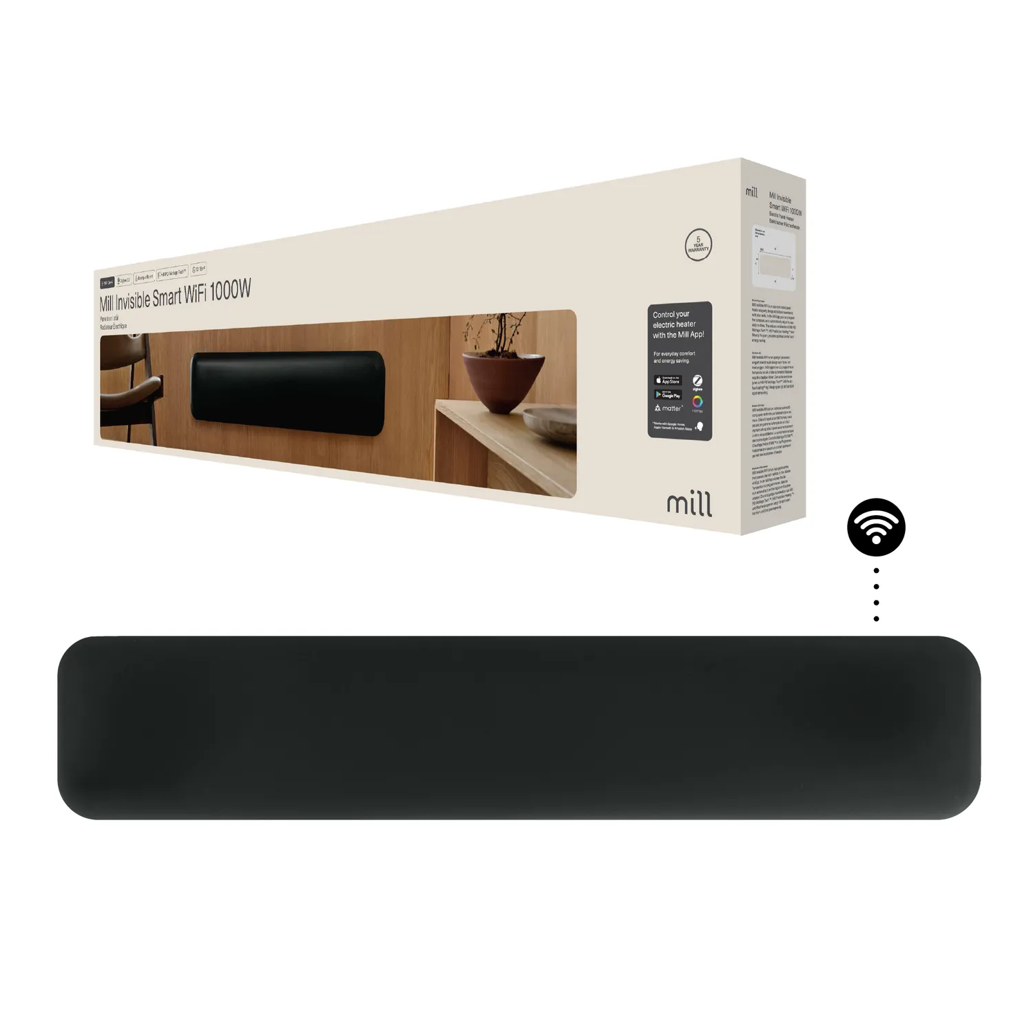 Mill Invisible Gen 4 1000W radiateur panneau noir bas