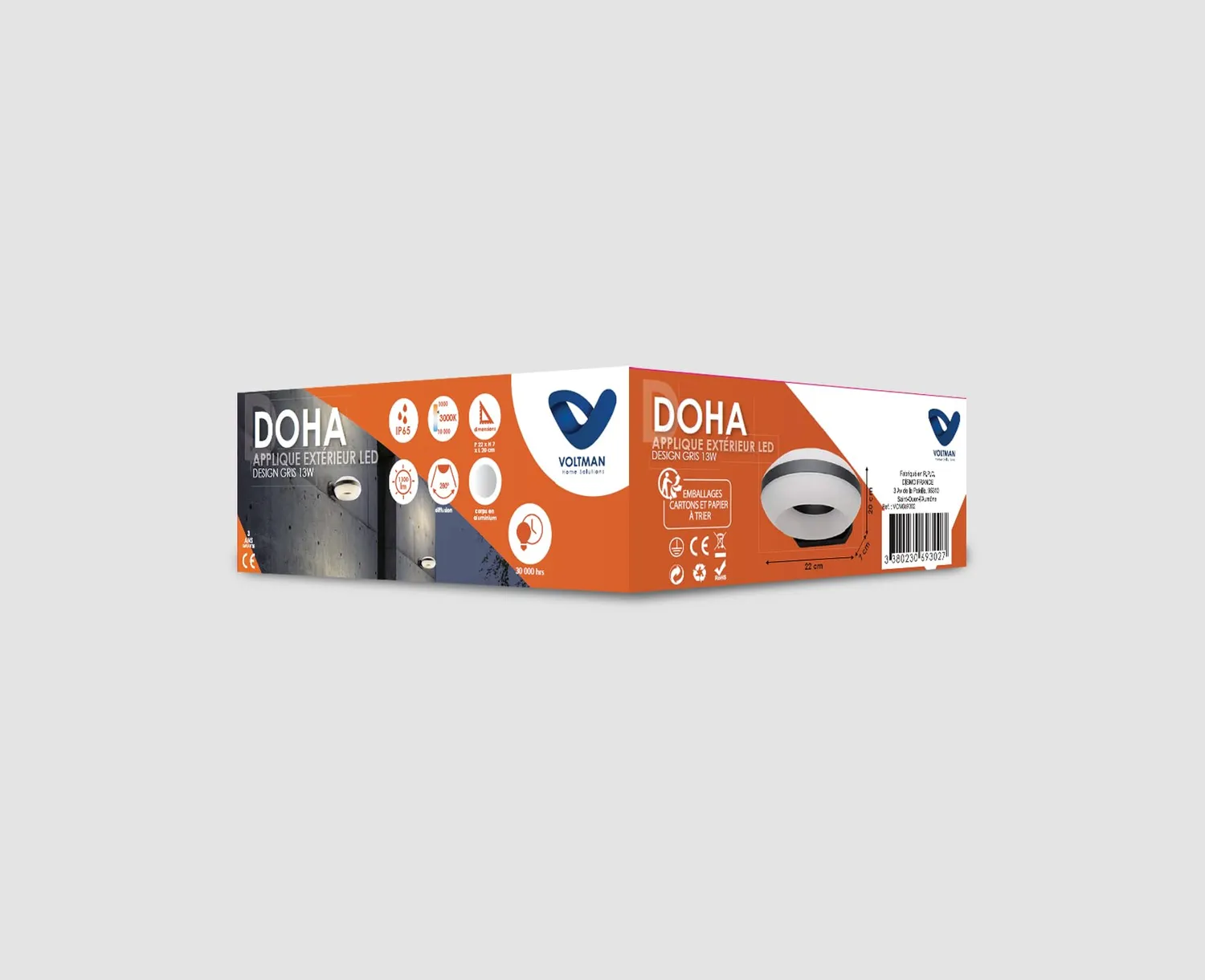 Voltman applique extérieure IP65 1300lm 3000K gris
