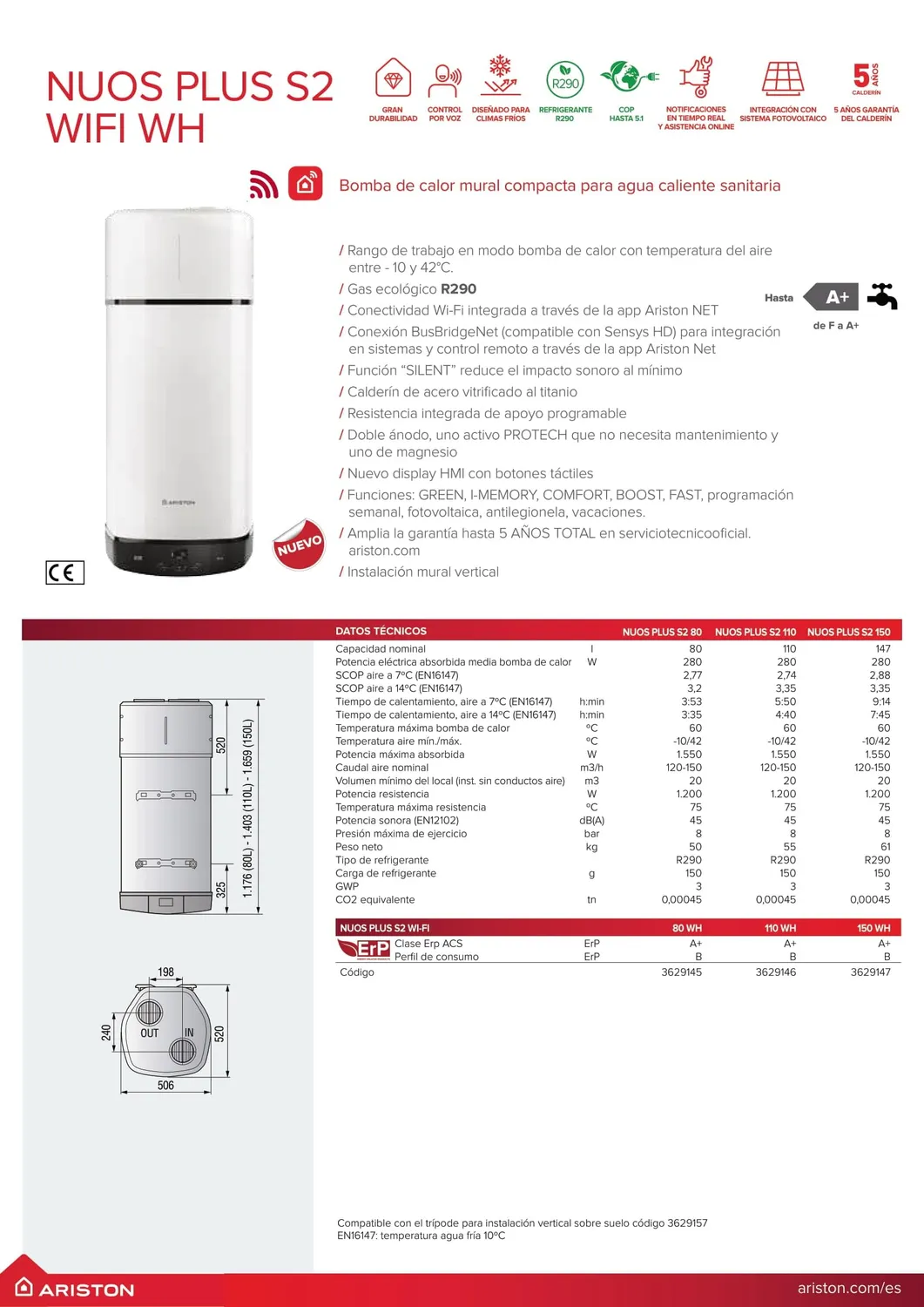 Ariston Nuos Plus S2 WiFi chauffe-eau thermodynamique 80 L silencieux