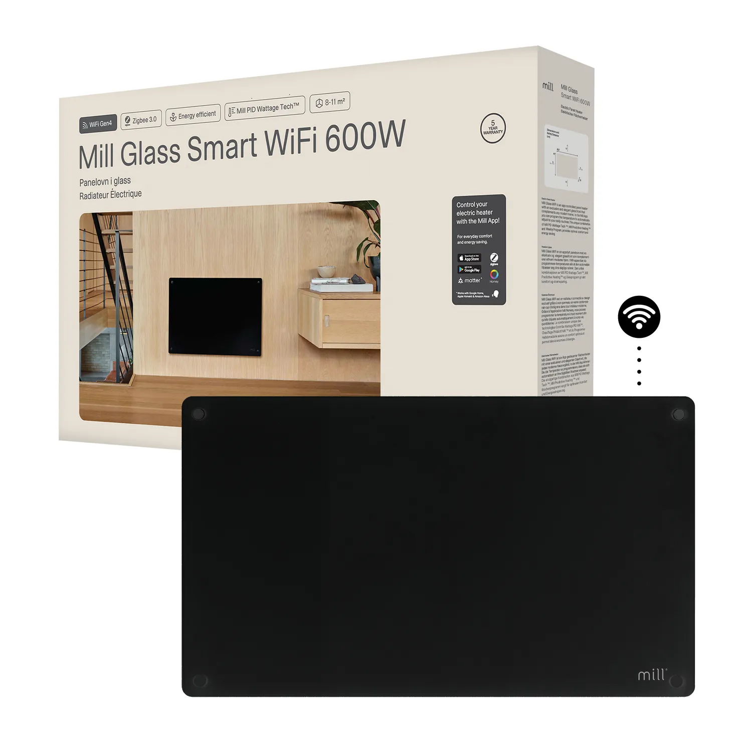 Mill Glass Gen.4 radiateur panneau verre noir WiFi 600W compact